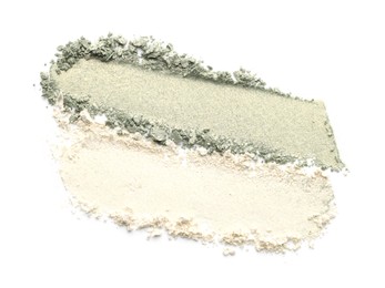 Photo of Samples of beautiful eyeshadows isolated on white, top view