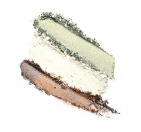 Photo of Samples of beautiful eyeshadows isolated on white, top view