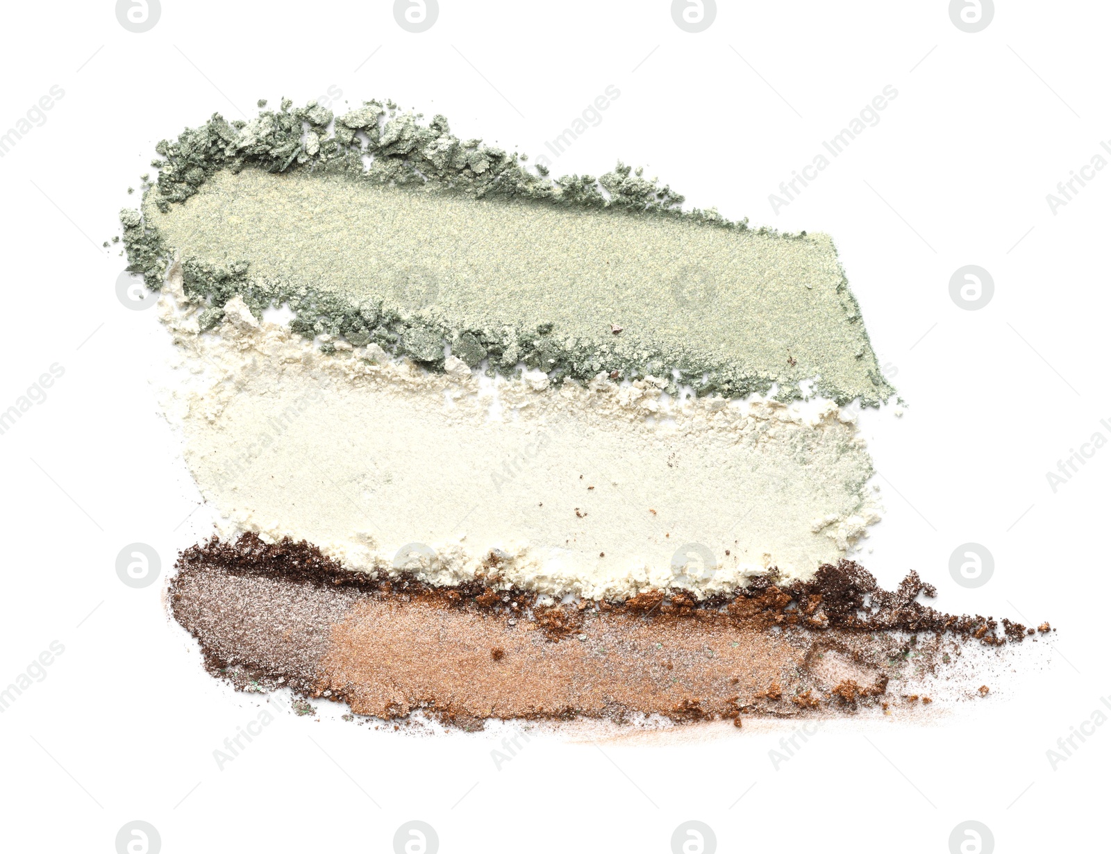 Photo of Samples of beautiful eyeshadows isolated on white, top view