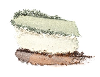 Photo of Samples of beautiful eyeshadows isolated on white, top view