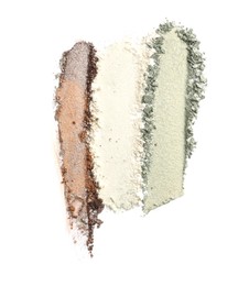 Photo of Samples of beautiful eyeshadows isolated on white, top view