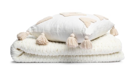 Photo of Folded woolen blanket and pillow isolated on white