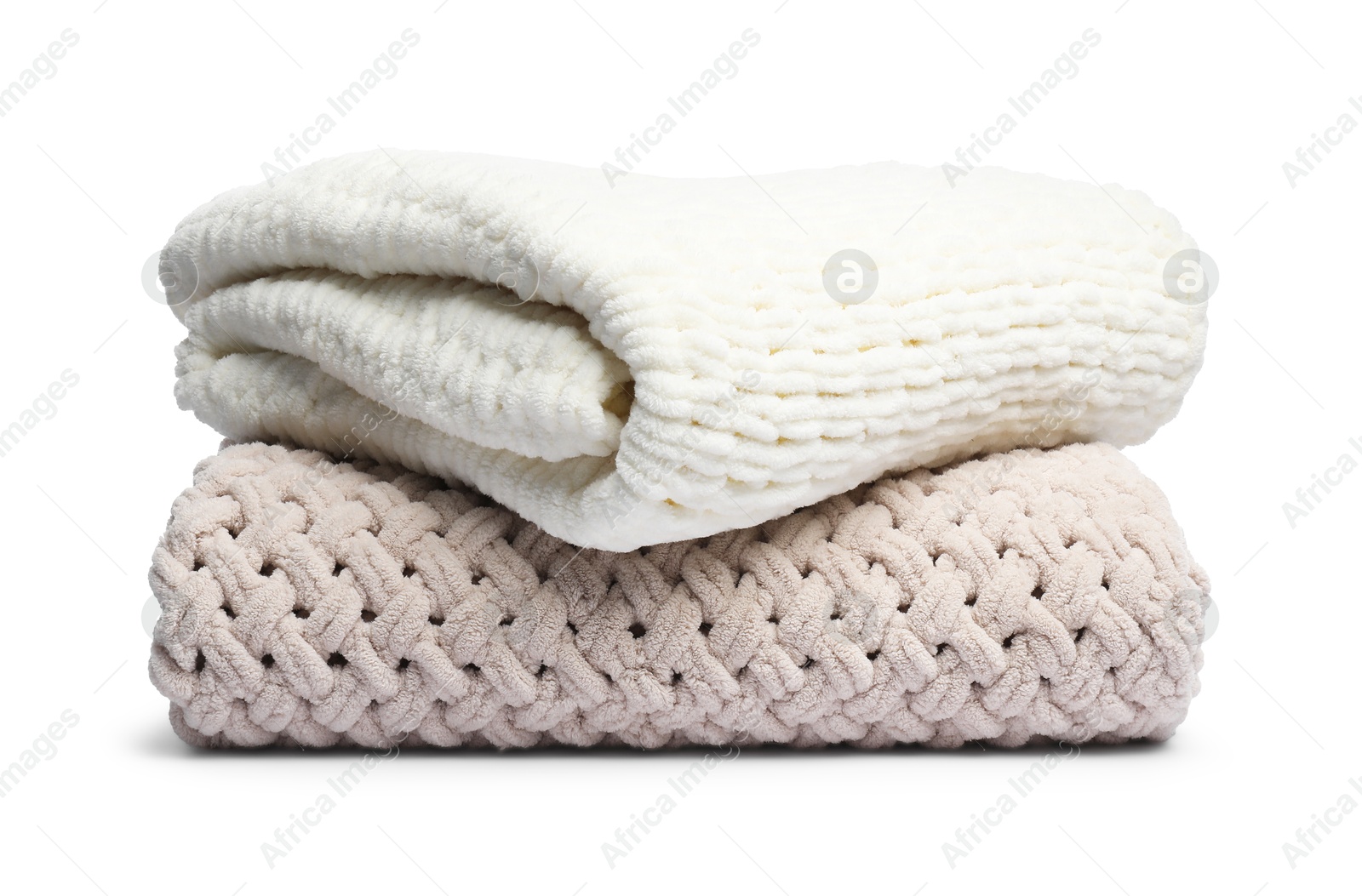 Two folded woolen blankets isolated on white Photo of Two folded woolen blankets isolated on white