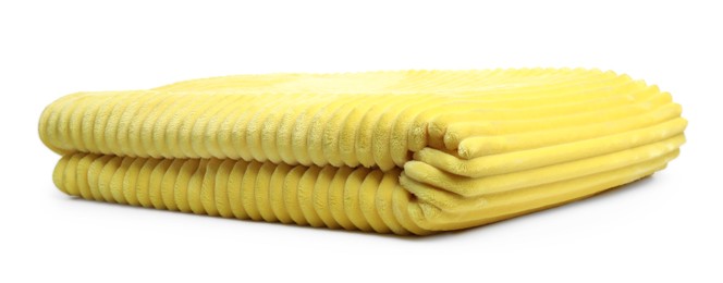 Photo of Folded yellow woolen blanket isolated on white