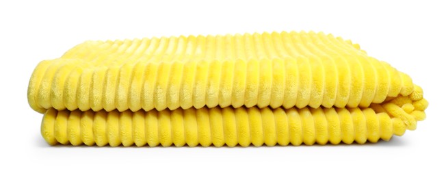 Photo of Folded yellow woolen blanket isolated on white