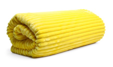 Photo of Folded yellow woolen blanket isolated on white