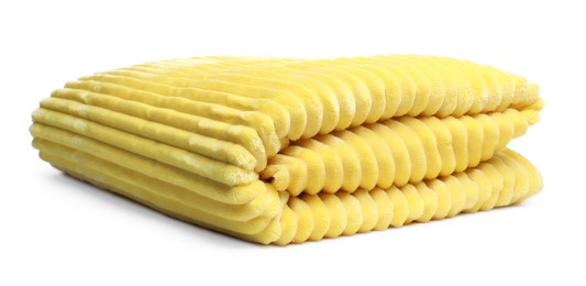Photo of Folded yellow woolen blanket isolated on white