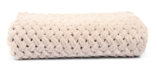 Photo of Folded beige woolen blanket isolated on white