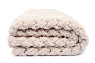 Photo of Folded beige woolen blanket isolated on white