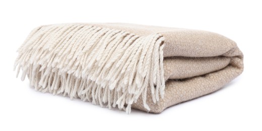 Photo of Folded beige woolen blanket isolated on white
