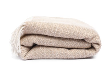 Photo of Folded beige woolen blanket isolated on white