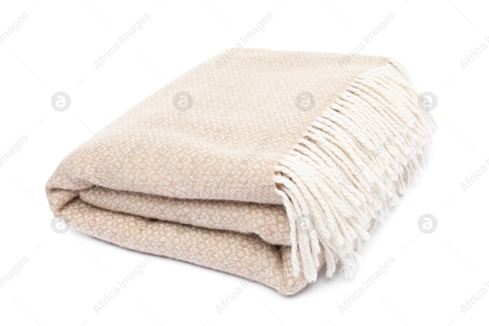 Folded beige woolen blanket isolated on white Photo of Folded beige woolen blanket isolated on white