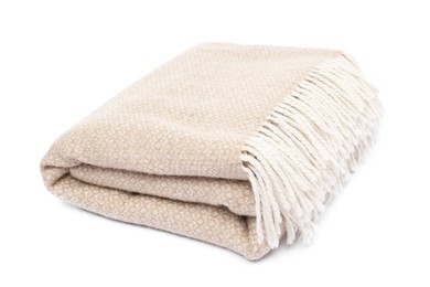 Photo of Folded beige woolen blanket isolated on white