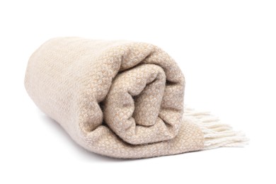 Photo of Folded beige woolen blanket isolated on white