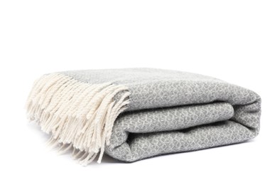 Photo of Folded grey woolen blanket isolated on white