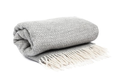 Photo of Folded grey woolen blanket isolated on white