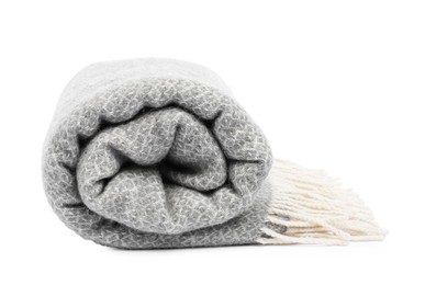 Photo of Folded grey woolen blanket isolated on white