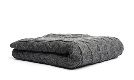 Photo of Folded grey woolen blanket isolated on white