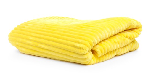 Photo of Folded yellow woolen blanket isolated on white