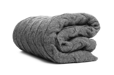 Photo of Folded grey woolen blanket isolated on white