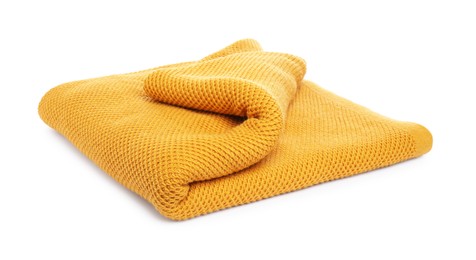 Photo of Folded orange woolen blanket isolated on white