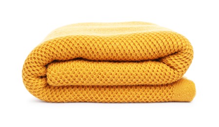 Photo of Folded orange woolen blanket isolated on white