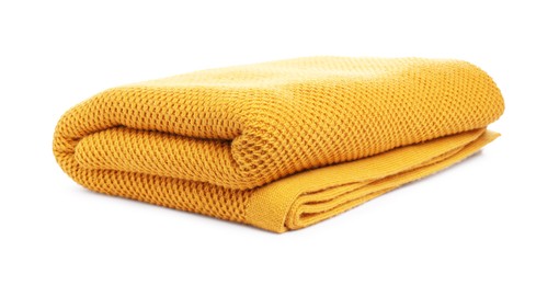 Photo of Folded orange woolen blanket isolated on white