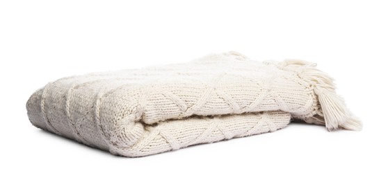 Photo of Folded beige woolen blanket isolated on white