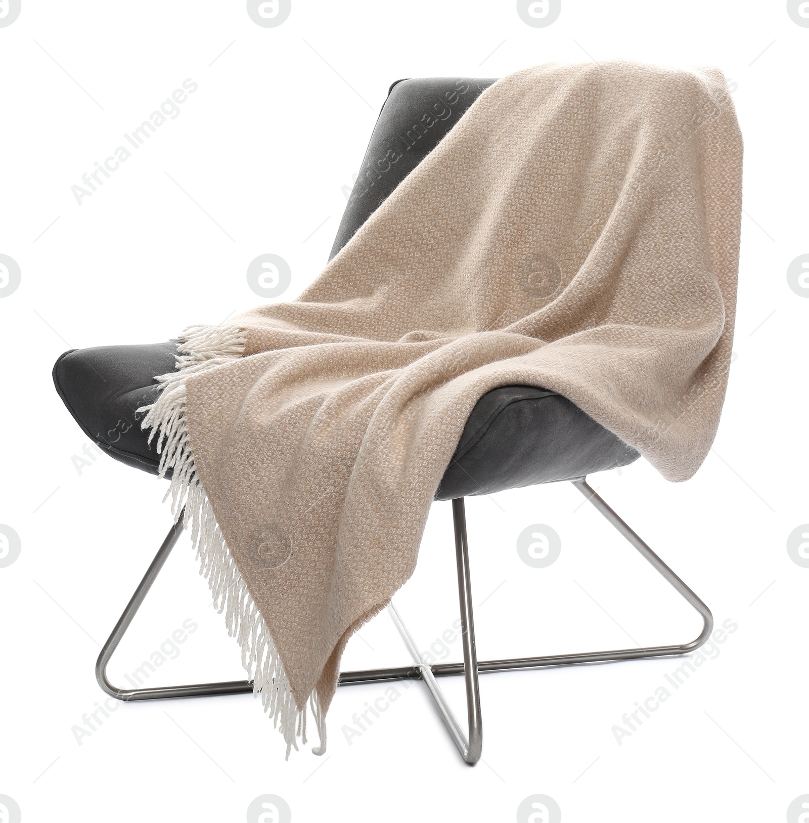 Comfortable armchair with blanket isolated on white Photo of Comfortable armchair with blanket isolated on white