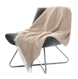 Photo of Comfortable armchair with blanket isolated on white