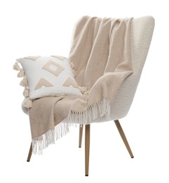 Photo of Comfortable armchair with blanket and pillow isolated on white