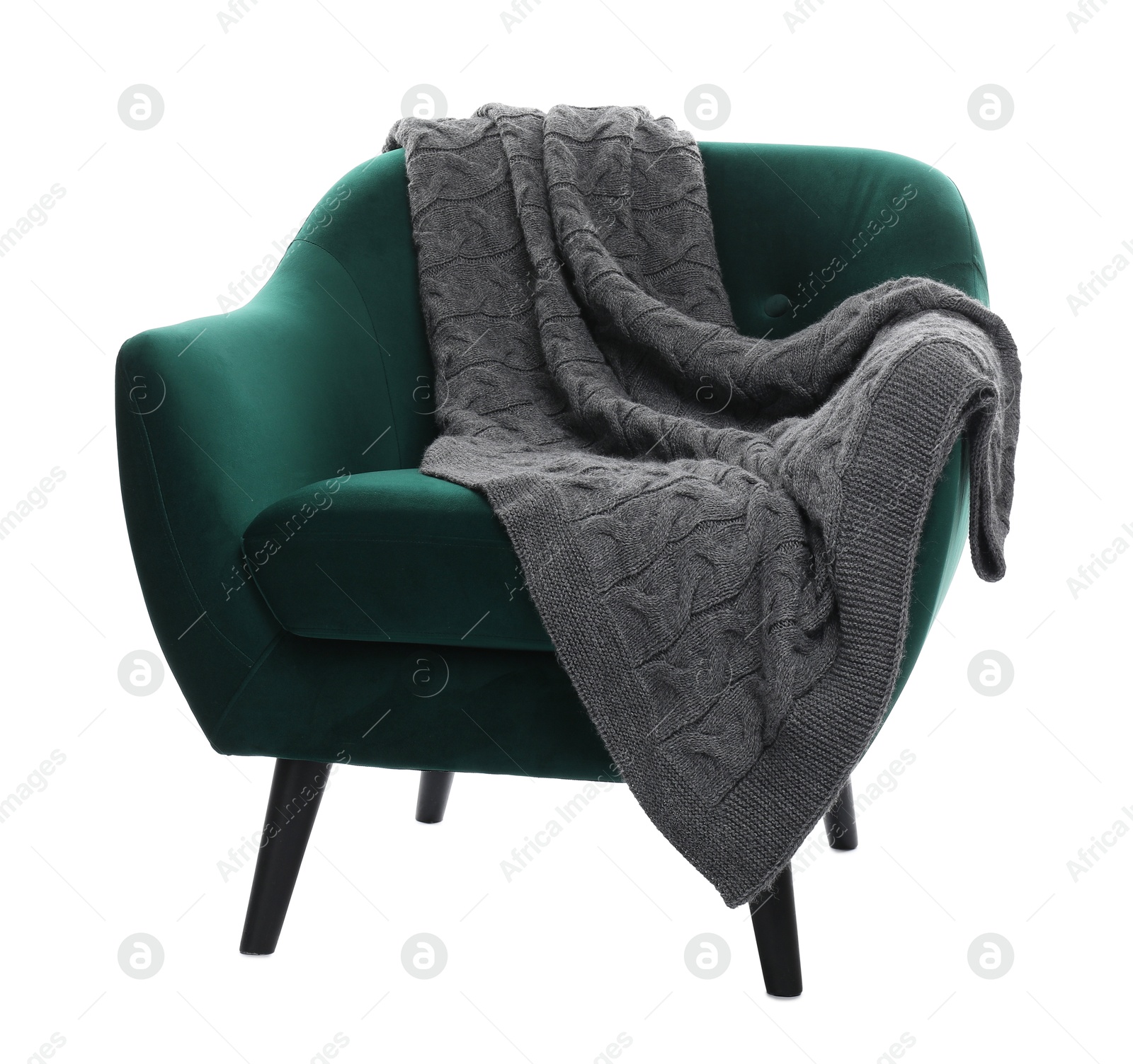 Comfortable armchair with blanket isolated on white Photo of Comfortable armchair with blanket isolated on white