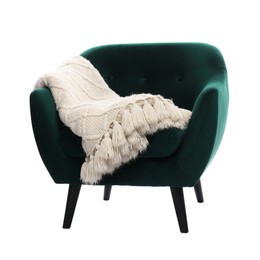 Photo of Comfortable armchair with blanket isolated on white
