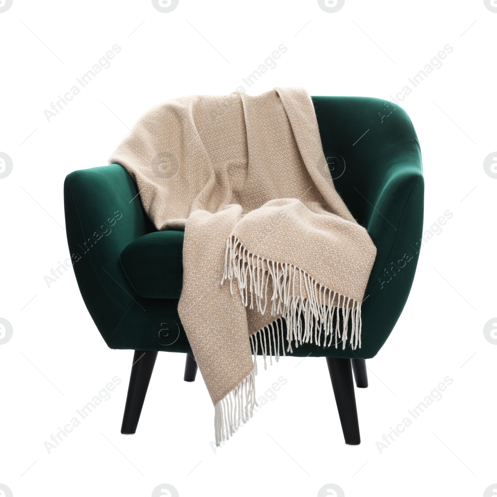 Comfortable armchair with blanket isolated on white Photo of Comfortable armchair with blanket isolated on white