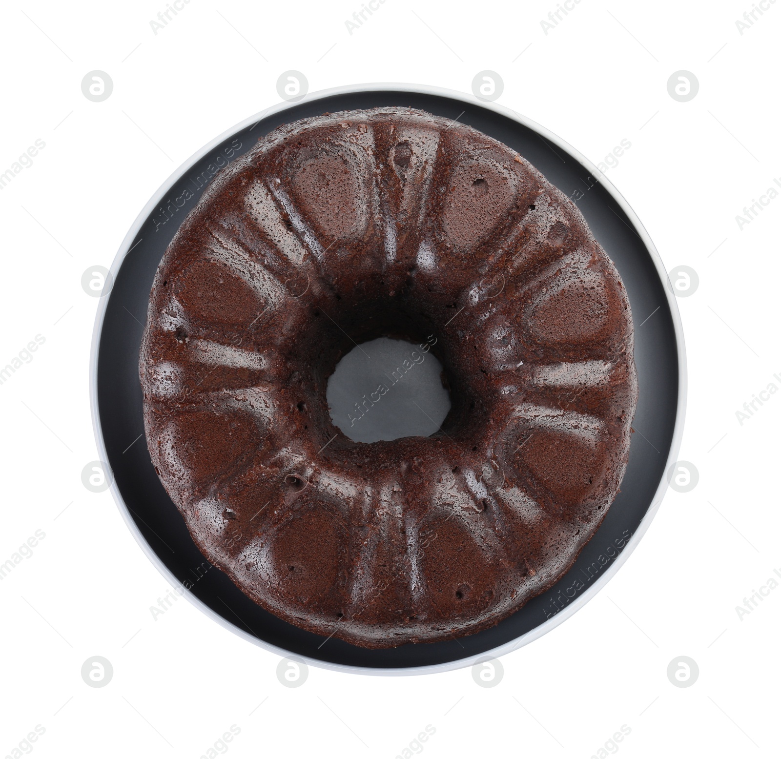 Tasty chocolate bundt cake isolated on white, top view Photo of Tasty chocolate bundt cake isolated on white, top view
