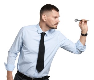 Photo of Targeting. Man with dart aiming on white background