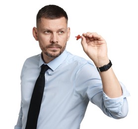 Photo of Targeting. Man with dart aiming on white background