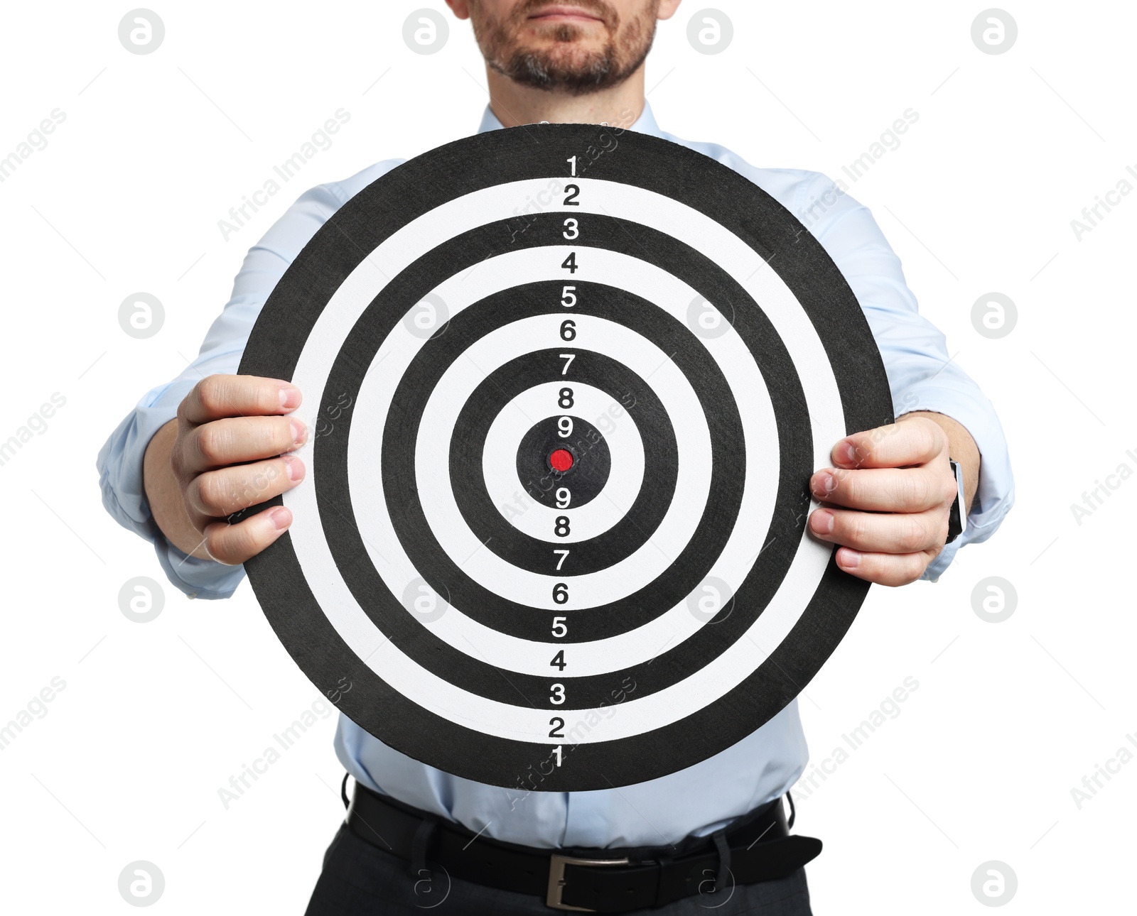 Targeting. Man with dart board on white background, closeup Photo of Targeting. Man with dart board on white background, closeup