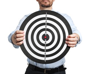 Photo of Targeting. Man with dart board on white background, closeup