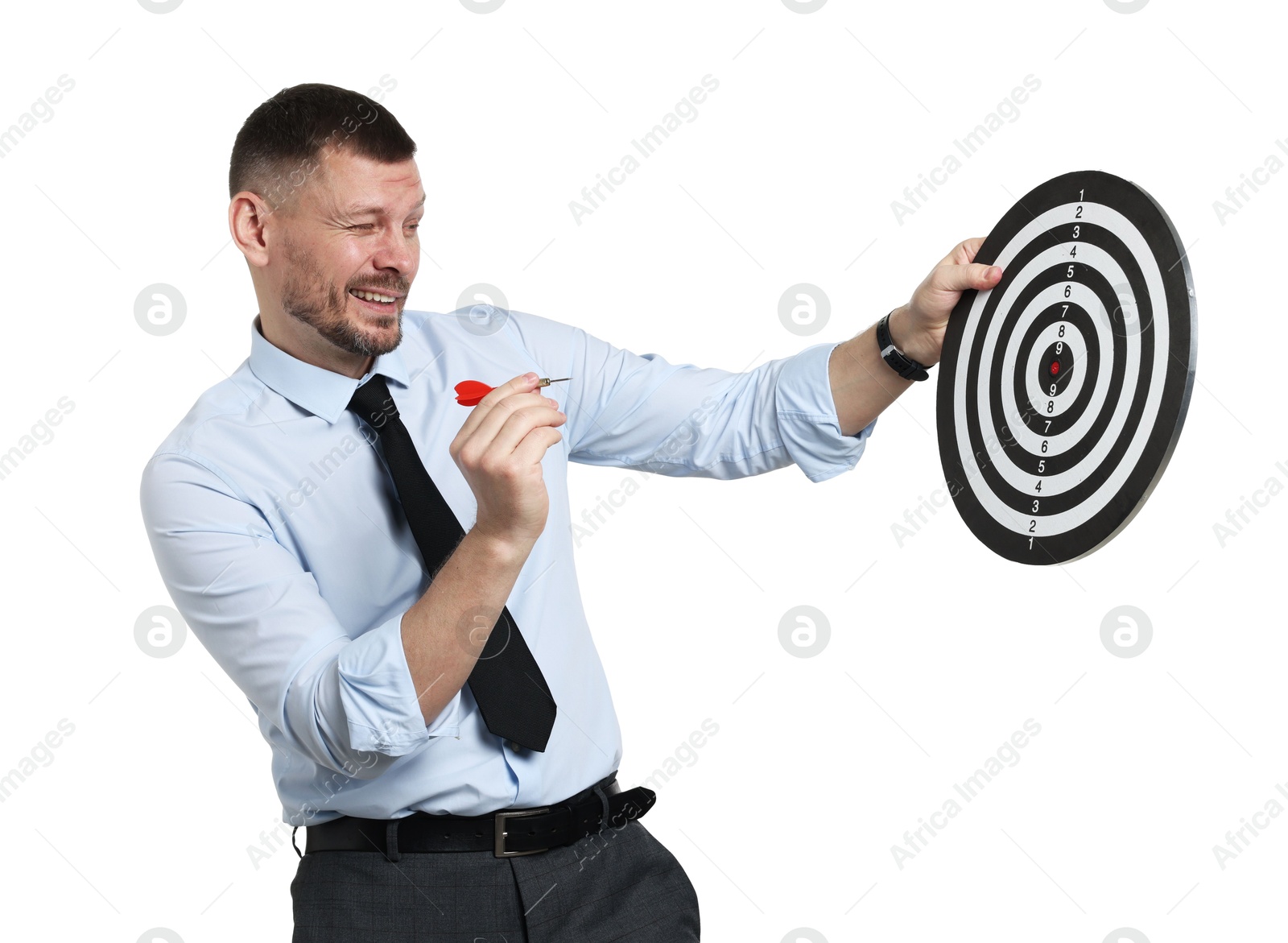 Targeting. Man with dart board and arrow on white background Photo of Targeting. Man with dart board and arrow on white background