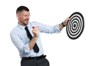 Photo of Targeting. Man with dart board and arrow on white background