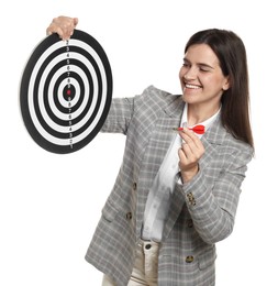 Photo of Targeting. Smiling businesswoman with dart board and arrow on white background