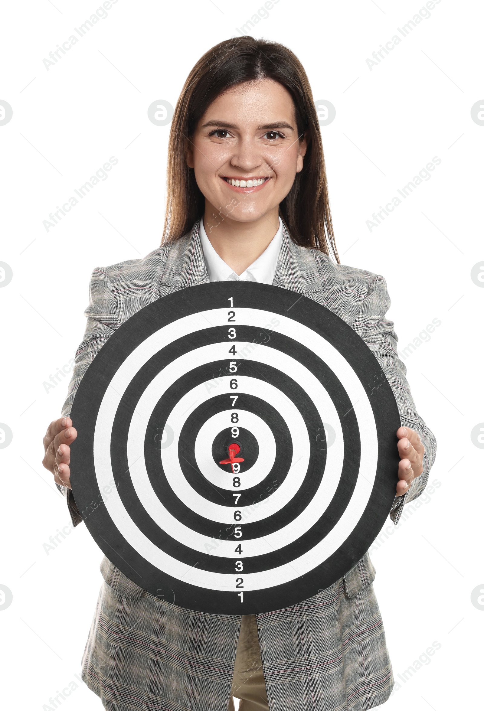 Targeting. Smiling businesswoman with dart board on white background Photo of Targeting. Smiling businesswoman with dart board on white background