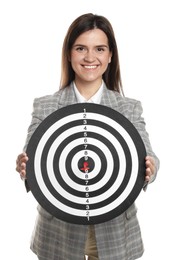 Photo of Targeting. Smiling businesswoman with dart board on white background