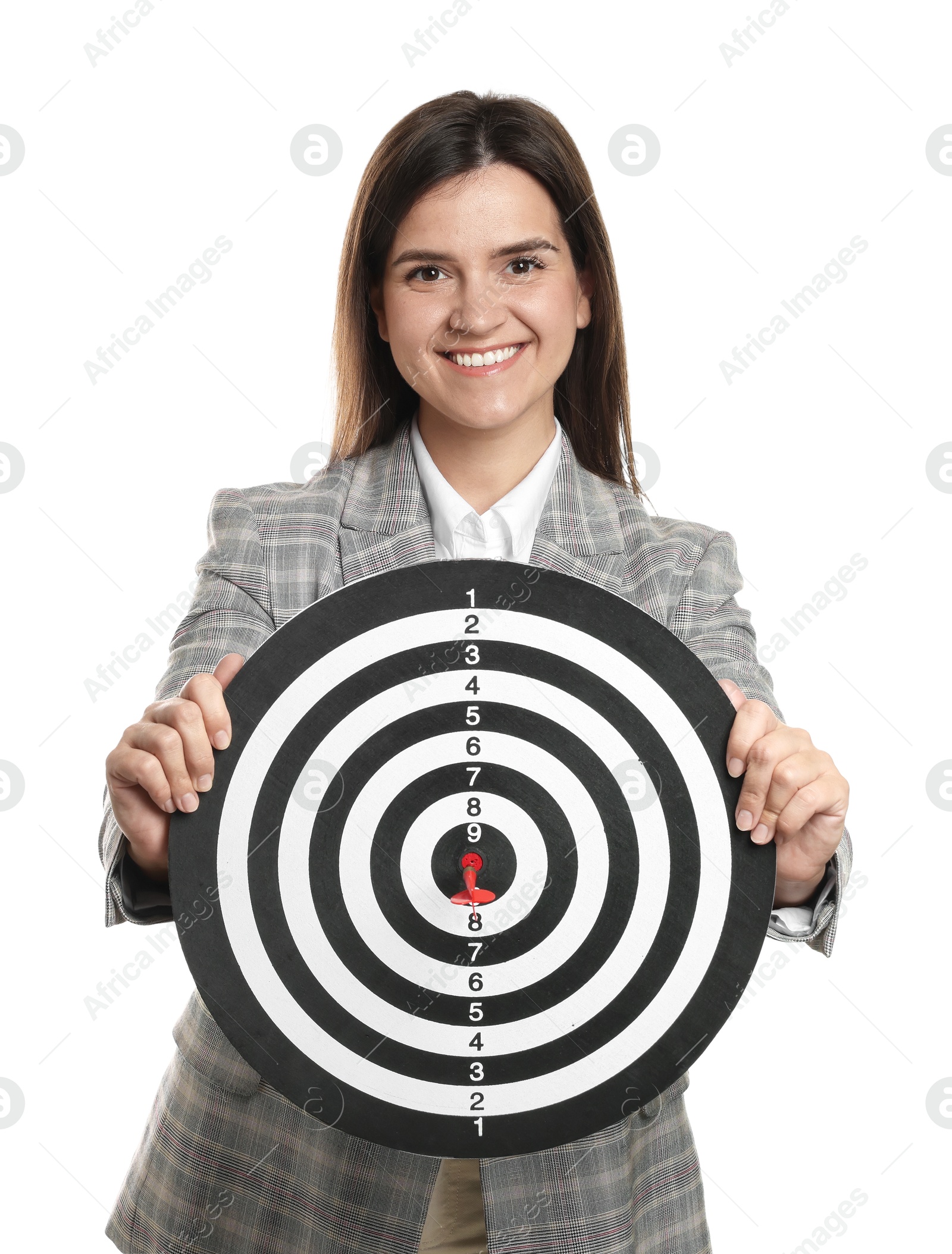 Targeting. Smiling businesswoman with dart board on white background Photo of Targeting. Smiling businesswoman with dart board on white background