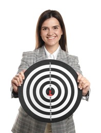 Photo of Targeting. Smiling businesswoman with dart board on white background