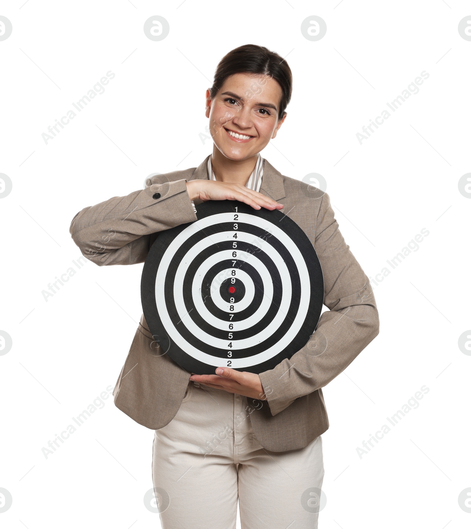 Targeting. Smiling businesswoman with dart board on white background Photo of Targeting. Smiling businesswoman with dart board on white background