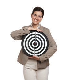 Photo of Targeting. Smiling businesswoman with dart board on white background
