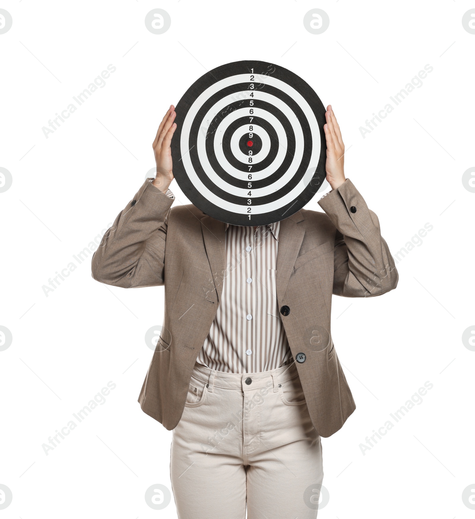 Targeting. Businesswoman hiding behind dart board on white background Photo of Targeting. Businesswoman hiding behind dart board on white background