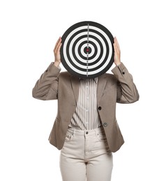 Photo of Targeting. Businesswoman hiding behind dart board on white background